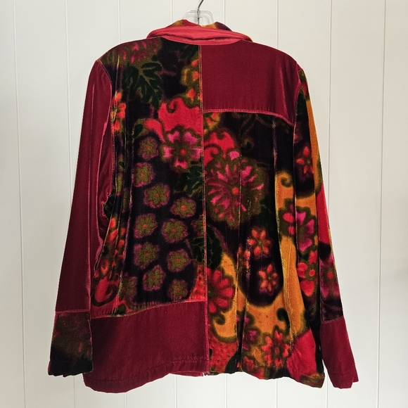 Vintage Velvet Floral Jacket Full Zip Patchwork Colorblock Womens 1X Red Green - Picture 2 of 7